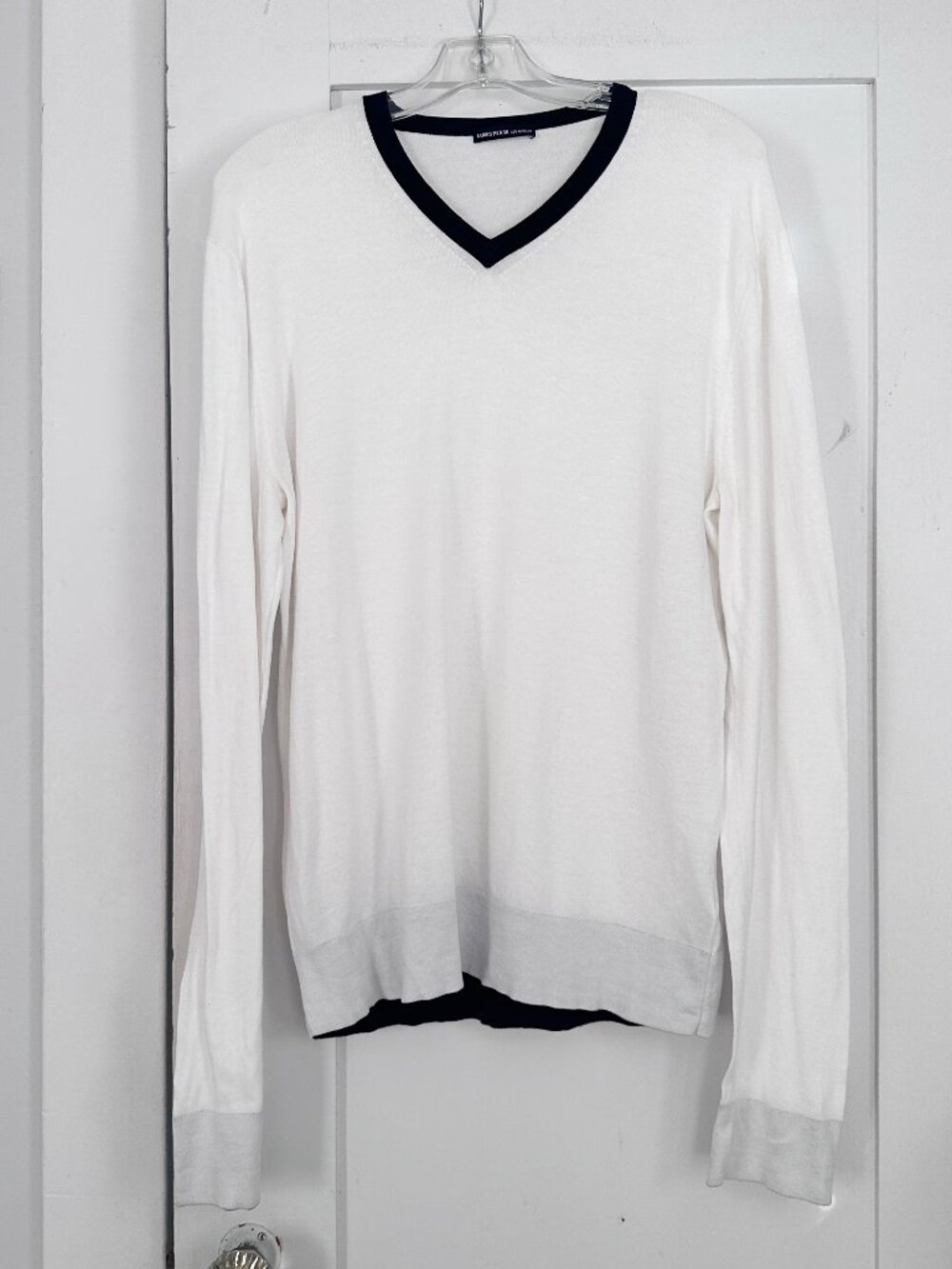 James Perse Size 2 White Black Contrast V Neck Cotton Sweater Top